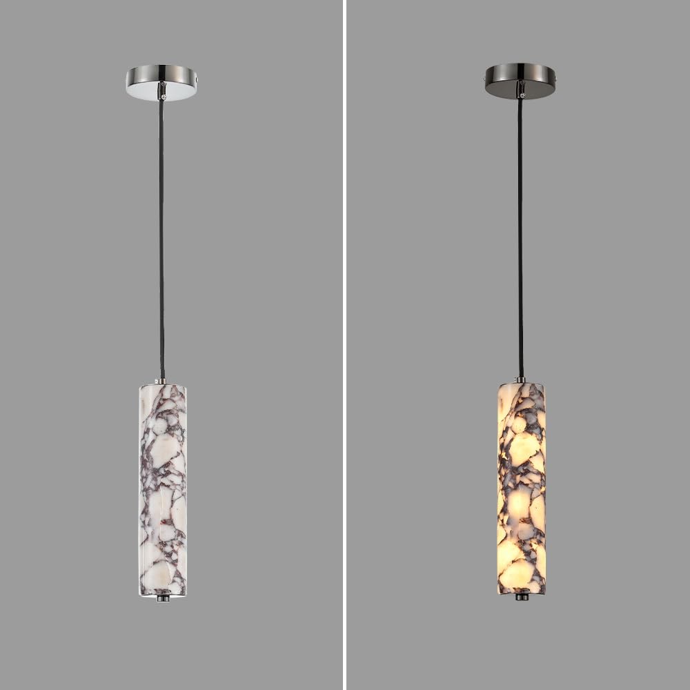 11 Inch Natural Alabaster Marble Pendant Light, Modern Cylinder LED Chandelier, Black Gold Ceiling Hanging Light Fixture for Kitchen Island Dining Room Living Room Bedroom